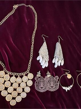 Gold Coin Bib Necklace with a Trio of Earrings